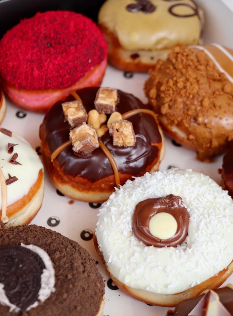 Close up of box of 12 donuts